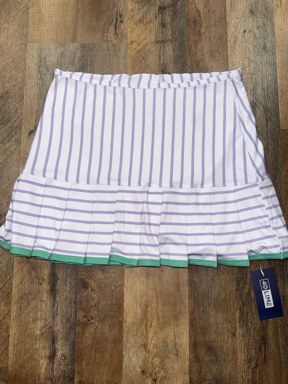 White and Lavender Striped Pleated Tennis Skort with Green Trim